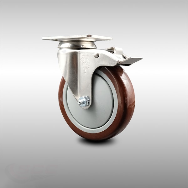 5 Inch 316SS Maroon Polyurethane Swivel Top Plate Caster with Total Lock Brake
